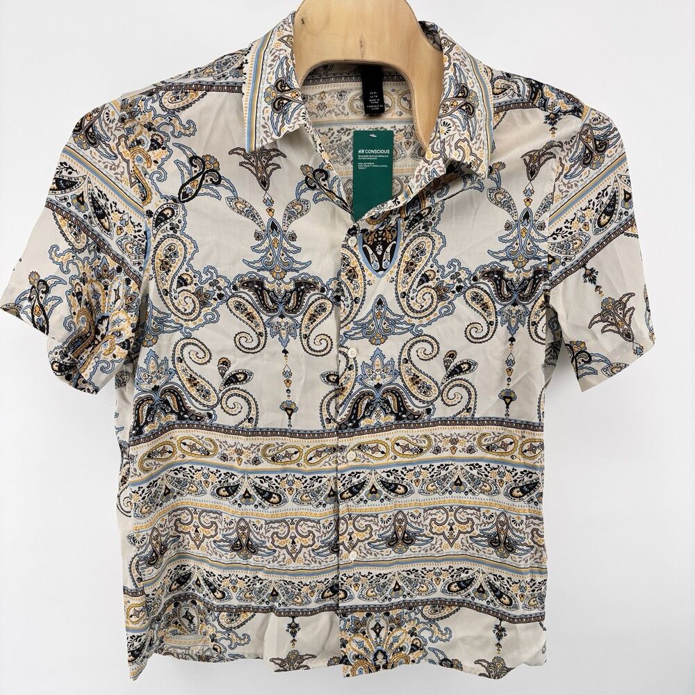 H&M Conscious Men's XL Paisley Print 100% Lyocell Short Sleeve Shirt NWT